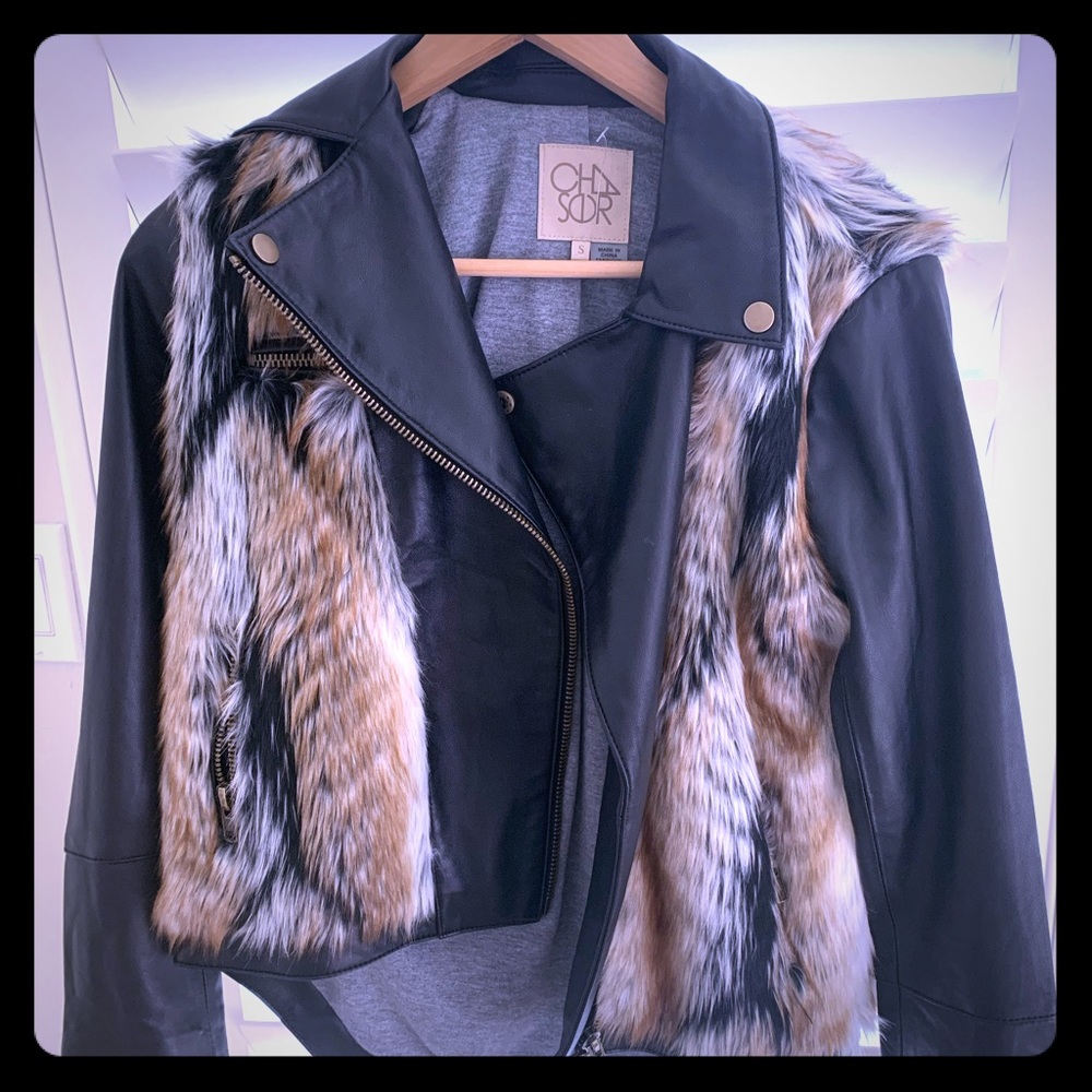 Designer faux leather and fur motor jacket .